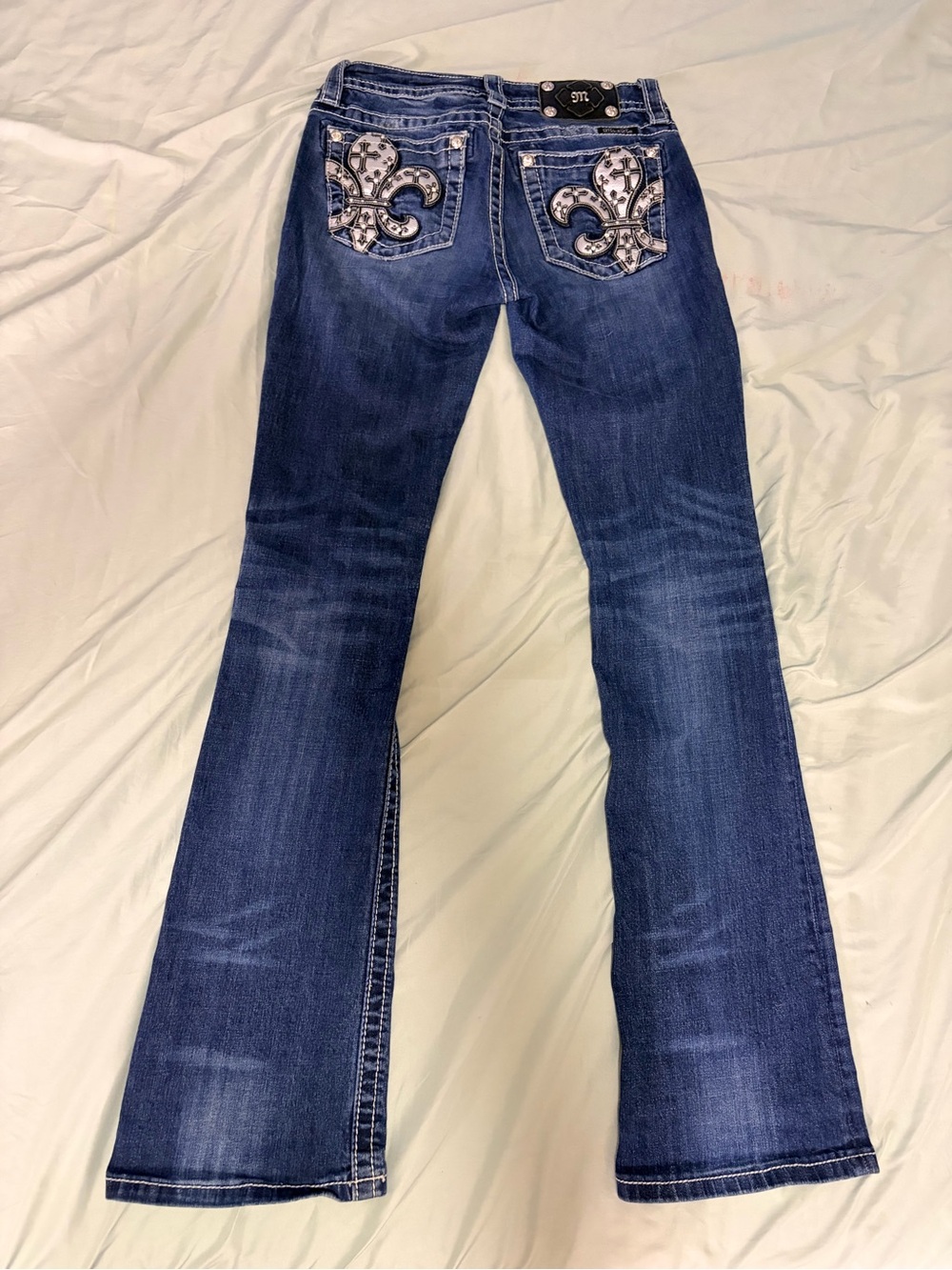 Miss Me Dark Blue Bootcut Jeans with Embroidered Fleur-de-Lis Pockets 27X34